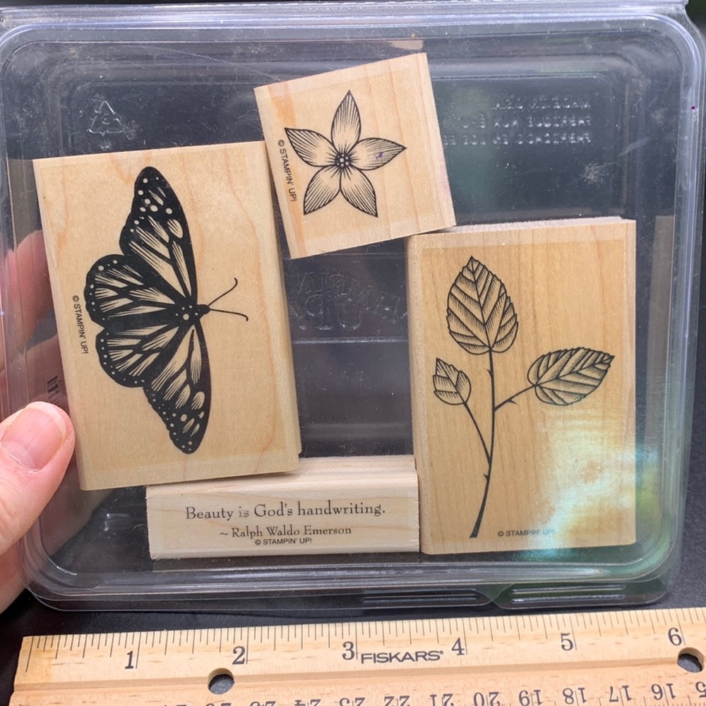 Box of 4 Stampin’ Up! Stamps. Monarch butterfly, floral, and Emerson saying